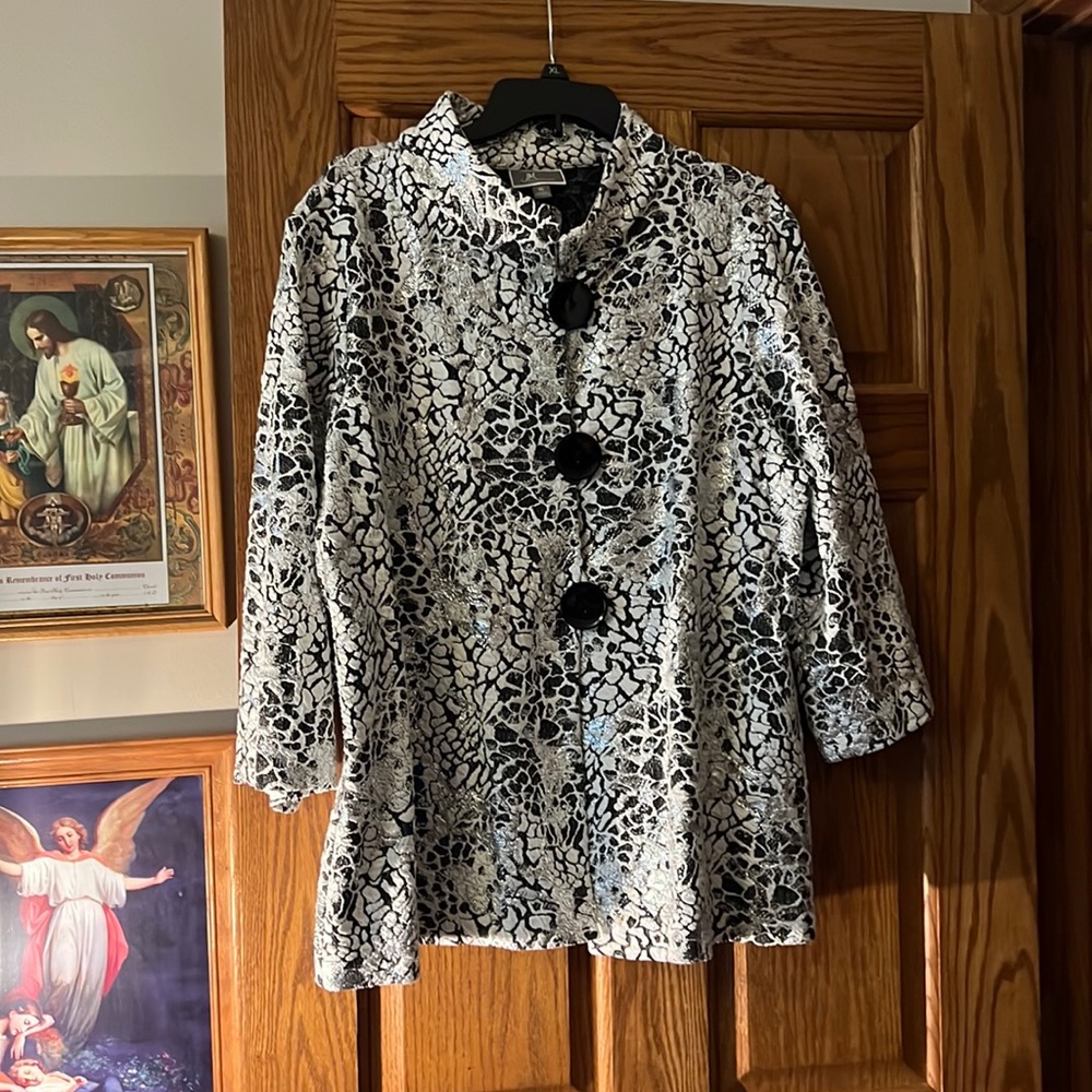 Black, silver and white jacket. Fun to wear w/ dress pants & leggings